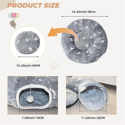 Large Cat Tunnels Bed Tube for Indoor Cats Glows in The Dark Cat Tunnel with Cushion and Plush Ball Toy Longer Playground Toys for Dog Puppy Kitten Rabbit Bunnies Ferret Pet Gray
