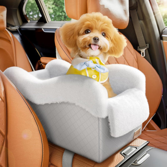 Portable Small Dog Seat for Car, Luxury Center Console Dog Car Seat Booster with Safety Tethers, Auti-Collapse Pet Travel Carseat for SUV, Truck (Light Grey/White)