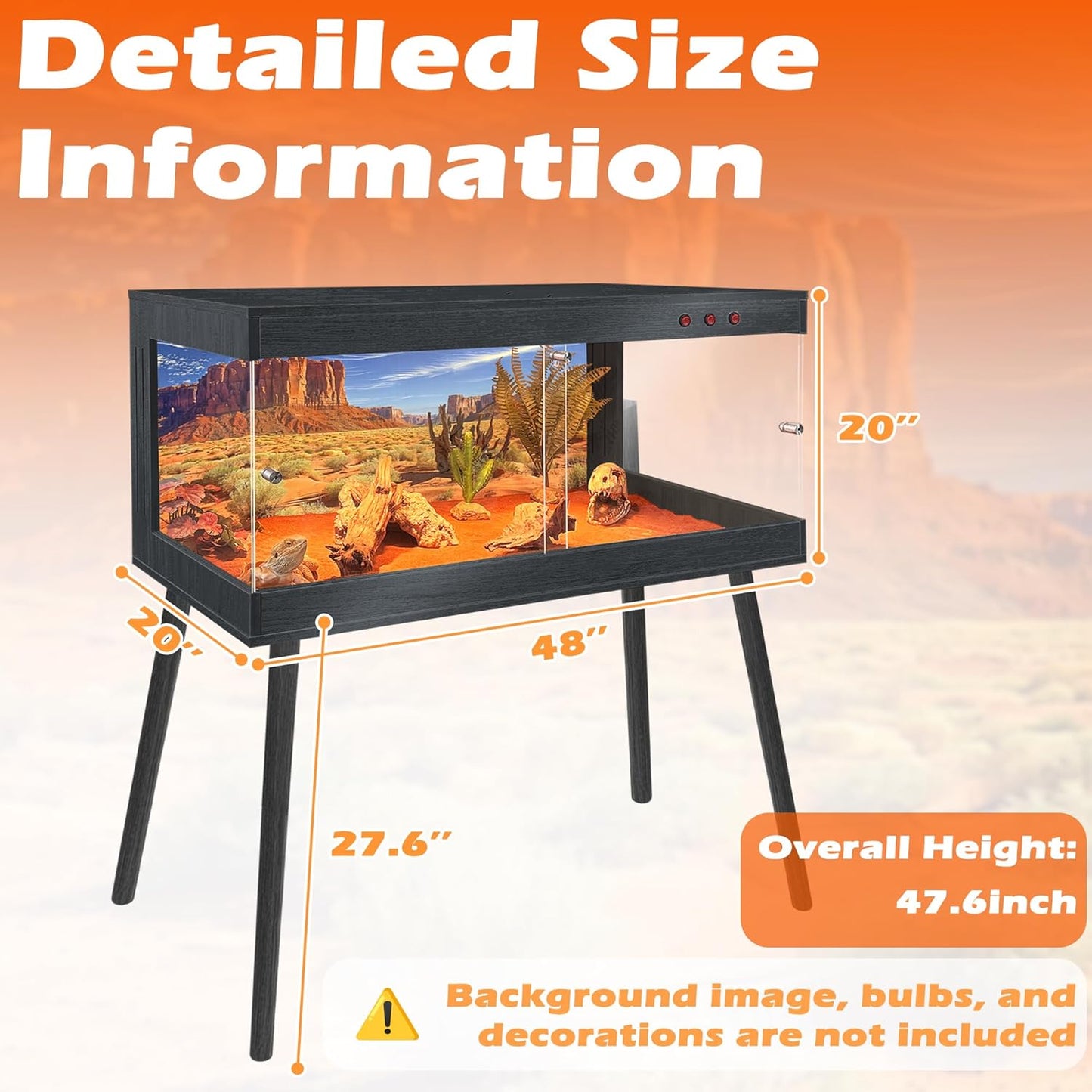 Royxen Bearded Dragon Tank with Metal Mesh Top and Leg Stand,Tempered Glass Reptile Tank,Reptile Enclosure,Lizard Tank for Chameleon,Snake,Lizard Habitat(48inch,Black)