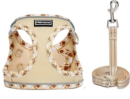Mercano Soft Mesh Dog Harness and Leash Set, No-Chock Step-in Reflective Breathable Lightweight Easy Walk Vest Harnesses with Safety Buckle for Small Dogs, Cats (Beige, XXS)