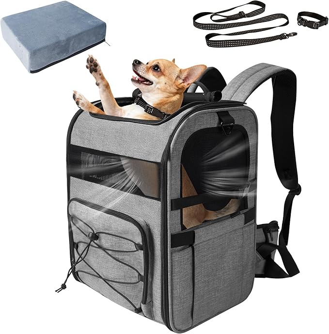 Dog Carrier Backpack for Small Dogs – Breathable and Comfortable Pet Travel Bag with, Safety Buckle and Adjustable Straps, Ideal for Hiking and Outdoor Adventures, Elevated Pad, Gray