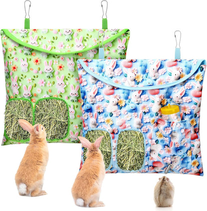 UPINS 2 Pack Hay Bag for Rabbits 2-Hole Hanging Hay Feeder Guinea Pig Hay Bags, Hay Feeder for Rabbits Chinchillas Hamsters Small Pets and Animals