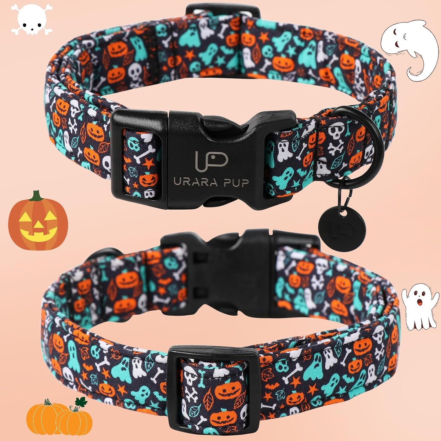 Halloween Dog Collar, UP URARA PUP Cotton Skull Ghost Dog Collar for Small Dog, Fall Pet Collar with Halloween Elements Pattern, Adjustable Puppy Collar,XL
