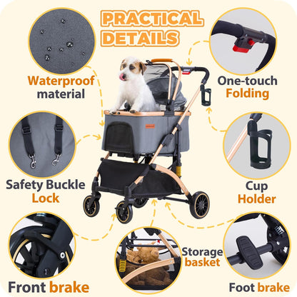 Pet Stroller for Small Medium Dogs, Lightweight Small Dog Stroller for Dogs Cats with 6 Shock Absorption System, Detachable Carrier Suitable for Car Seat & Hand Carry, Safe Outings, Gray