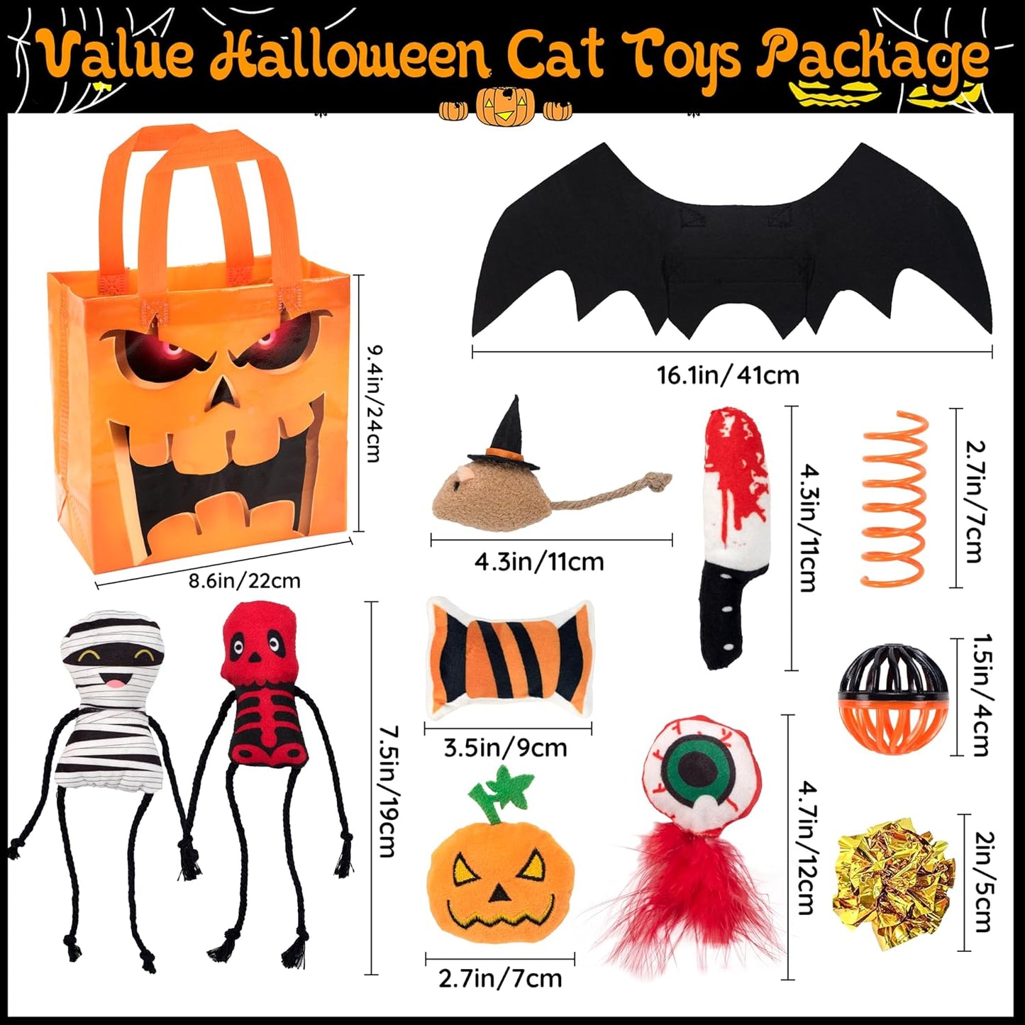 12pcs Halloween Cat Toys w/Bat Wings Costume & Organized Bag Set, Various Plush Cat Catnip Toys for Indoor Cats Kitten Teething Chewing Halloween Play