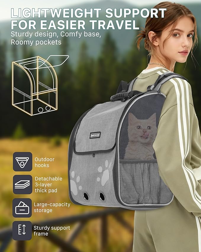 Cat Backpack Carrier with Comfort Handle, Ventilated Cat Backpack with Reflective Strips, Foldable Cat Carrying Backpack for Cats up to 17 lbs and Small Dogs up to 13 lbs(Grey).