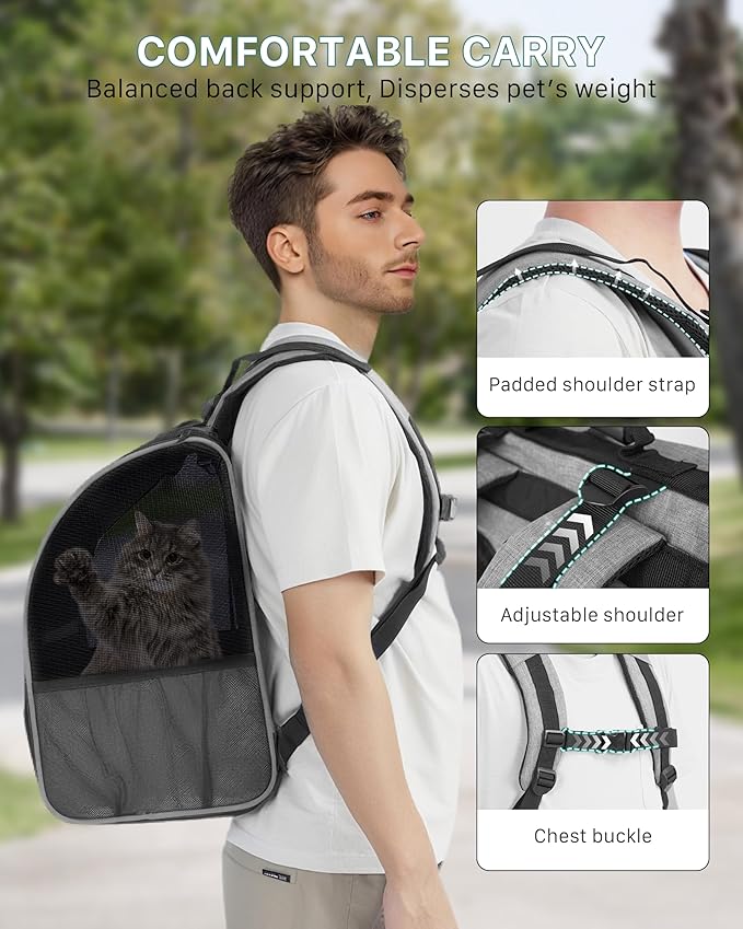 Cat Backpack Carrier with Comfort Handle, Ventilated Cat Backpack with Reflective Strips, Foldable Cat Carrying Backpack for Cats up to 17 lbs and Small Dogs up to 13 lbs(Grey).