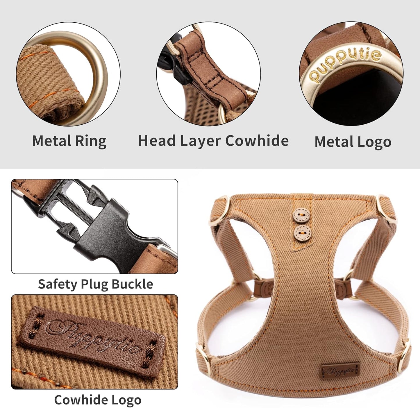 No Pull Dog Harness with Multifunction Dog Leash,Soft Adjustable No Choke Escape Proof Pet Harness Vest for Medium Dogs or Large Dogs,Khaki Camel,L
