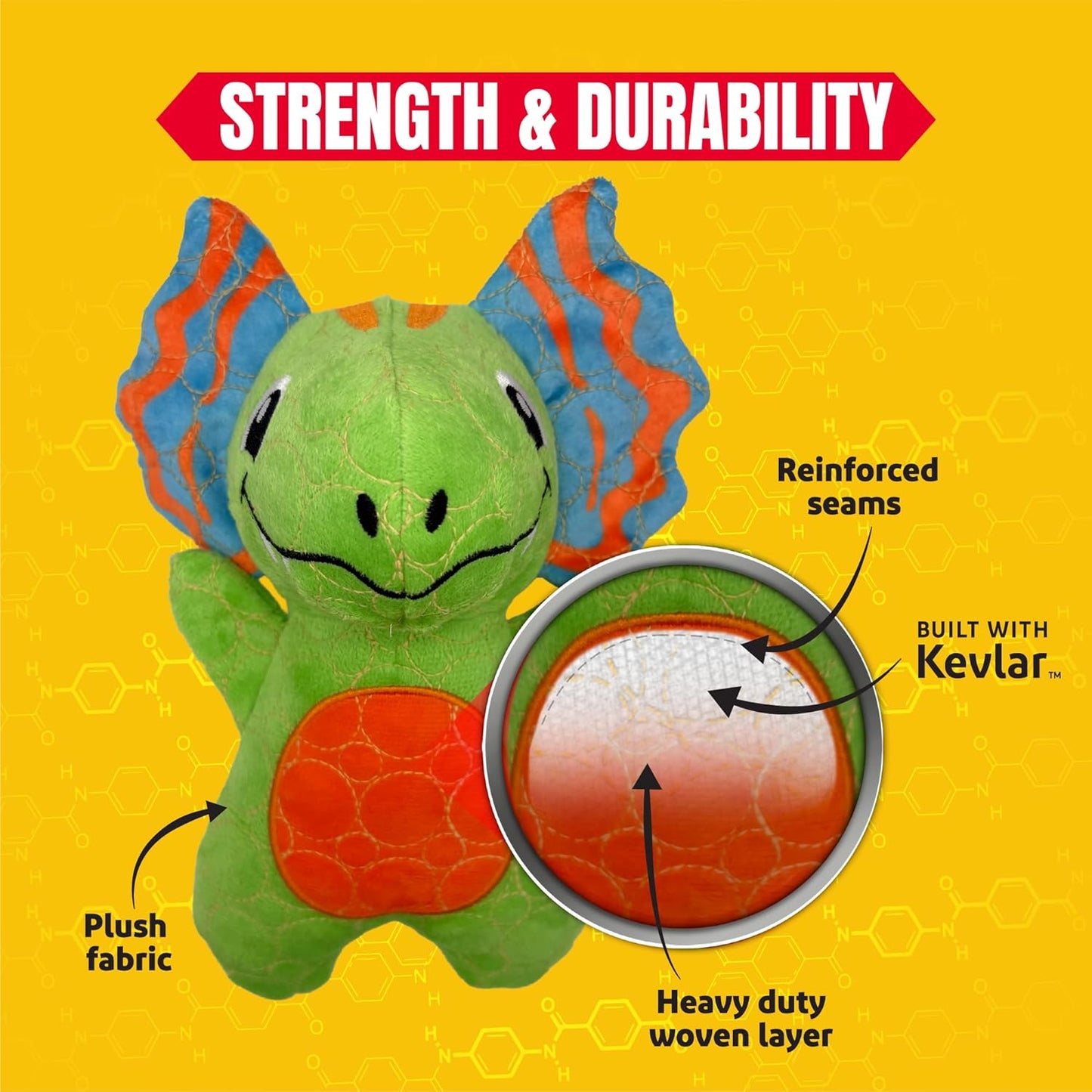 Bite Force - Durable & Strong Dog Toy Green Dino with Squeaker, Kevlar-Reinforced for Aggressive chewers.