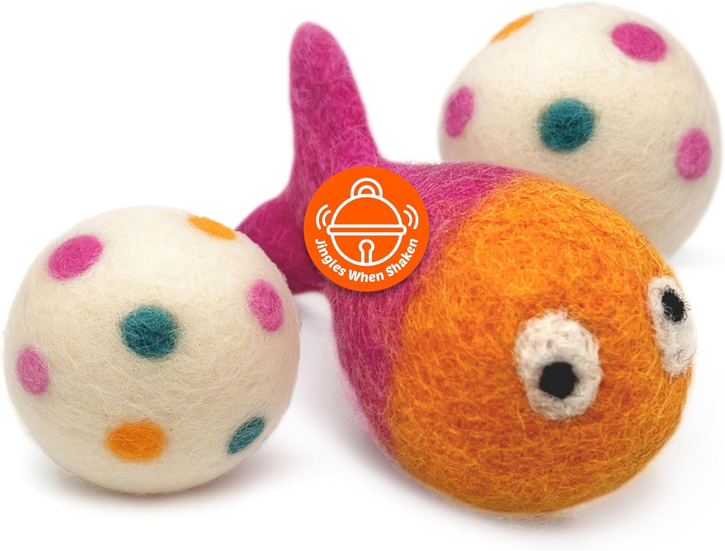 Hustle & Blush Wool Felt Balls 3 Pack Love Ewe Pet Supplies - 2 in Felted Wool Cat Toys 100% New Zealand Wools Felt Cat Toys Handmade Wools Felts Balls, Cats Felts Ball with Bell - Hook, Line & Jingle