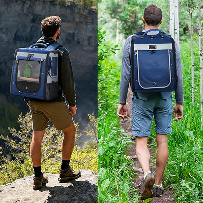 Petsfit Bird Carrier with Anti-Pecking Band,Bird Backpack Carrier with 2 Level Height to Adjust Standing Perch and Shade Cover Blue