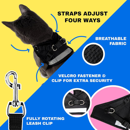 Travel Cat Harness and Leash Set - Adjustable Fit Mesh Cat Harness and Reflective Strap - Comfort Walking Vest for Kitten for Outdoor Walking, Hiking (Large, Black)