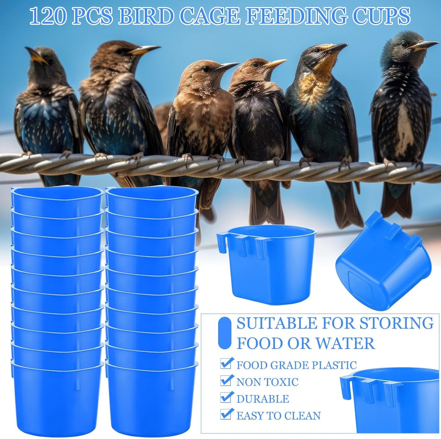 120 Pcs Cage Cups Chicken Birds Feeder Cups Plastic Hanging Chicken Feeders and Waterers 8 oz Feeding Bowl for Gamefowl Supplies Pet Pigeon Poultry Parrot Parakeet Rooster Rabbit(Blue)