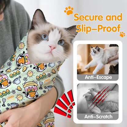 27.6" Large Cat Grooming Wrap, Cat Grooming Supplies, Cat Wrap for Cutting Nails, Self-Adhesive Cat Grooming Bag for Cats Within 15lbs Cat Restraint for Nail Clipping, Medicine Taking(Green)