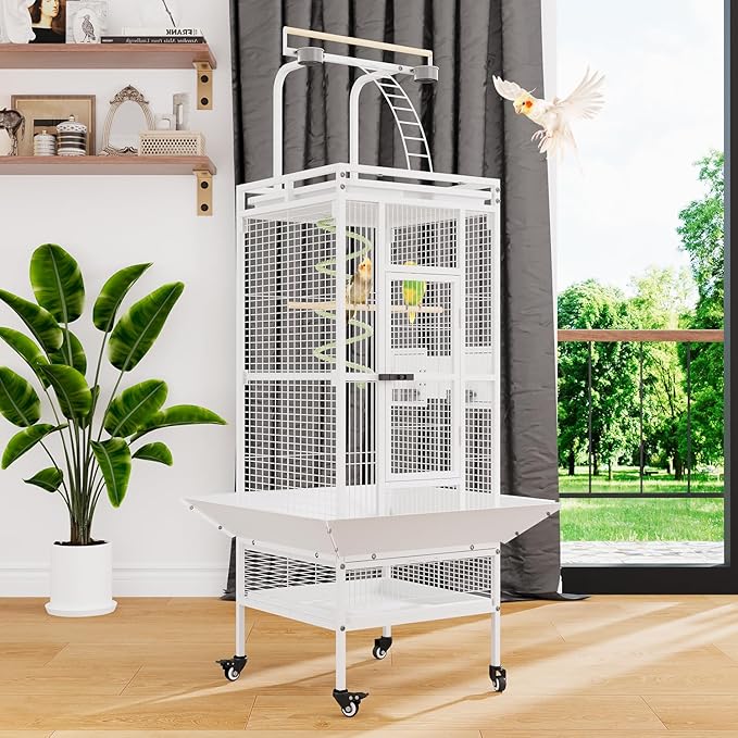 61 Inch Large Bird Cage with Rolling Stand, Heavy-Duty Wrought Iron Birdcage with Ladder, Playtop Parrot Cage for Parrots, Cockatiels, Budgies, Lovebirds, Small/Medium Birds