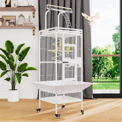 61 Inch Large Bird Cage with Rolling Stand, Heavy-Duty Wrought Iron Birdcage with Ladder, Playtop Parrot Cage for Parrots, Cockatiels, Budgies, Lovebirds, Small/Medium Birds