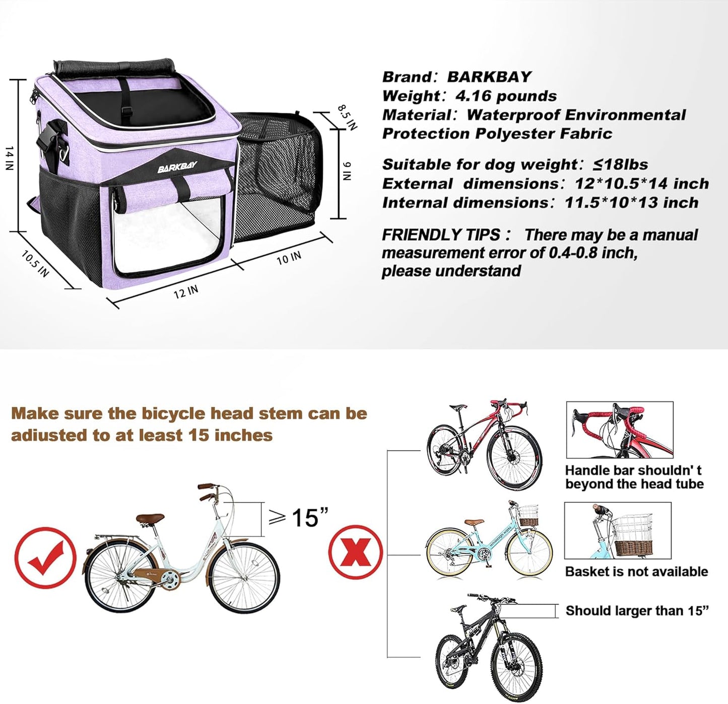 BARKBAY Dog Bike Basket Carrier, Expandable Foldable Soft-Sided Dog Carrier, 2 Open Doors, 5 Reflective Tapes, Pet Travel Bag,Dog Backpack Carrier Safe and Easy for Small Medium Cats and Dogs(Purple)