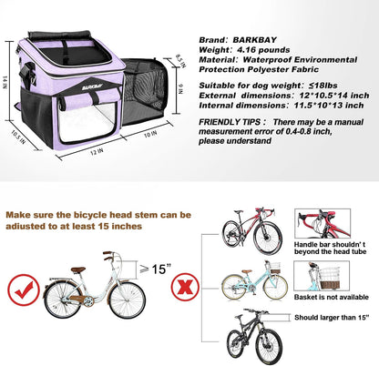 BARKBAY Dog Bike Basket Carrier, Expandable Foldable Soft-Sided Dog Carrier, 2 Open Doors, 5 Reflective Tapes, Pet Travel Bag,Dog Backpack Carrier Safe and Easy for Small Medium Cats and Dogs(Purple)