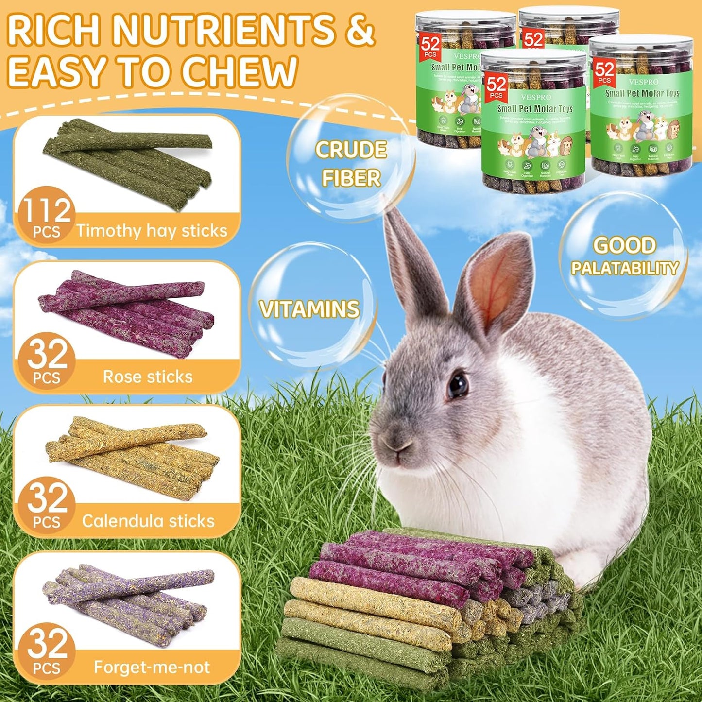 VESPRO 208Pcs Rabbit Chew Sticks, Guinea Pig Toys, Natural Timothy Grass Molar Teeth Stick, Mixing Flowers, Roses, Calendula and Forget Me Not, Small Animals Treats