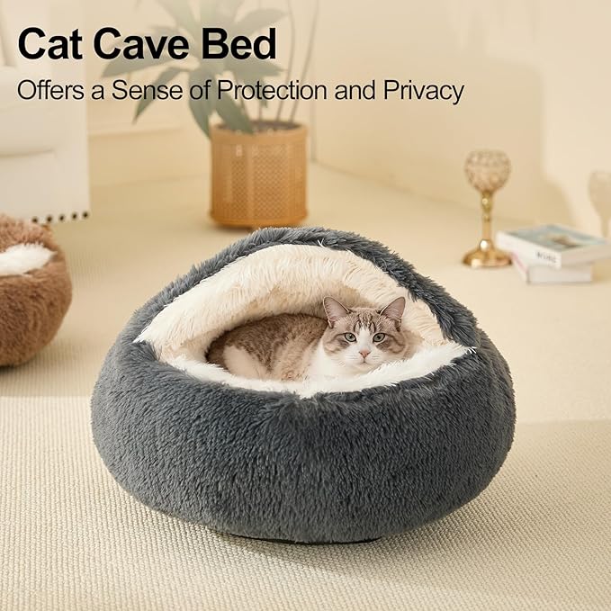 Calming Dog Beds & Cat Cave Bed with Hooded Cover,Removable Washable Round Beds for Small Medium Pets,Anti-Slip Faux Fur Fluffy Coved Bed for Improved Sleep,Fits up to 15/25 lbs(Dark Grey,20"x20")