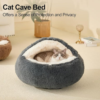 Calming Dog Beds & Cat Cave Bed with Hooded Cover,Removable Washable Round Beds for Small Medium Pets,Anti-Slip Faux Fur Fluffy Coved Bed for Improved Sleep,Fits up to 15/25 lbs(Dark Grey,20"x20")