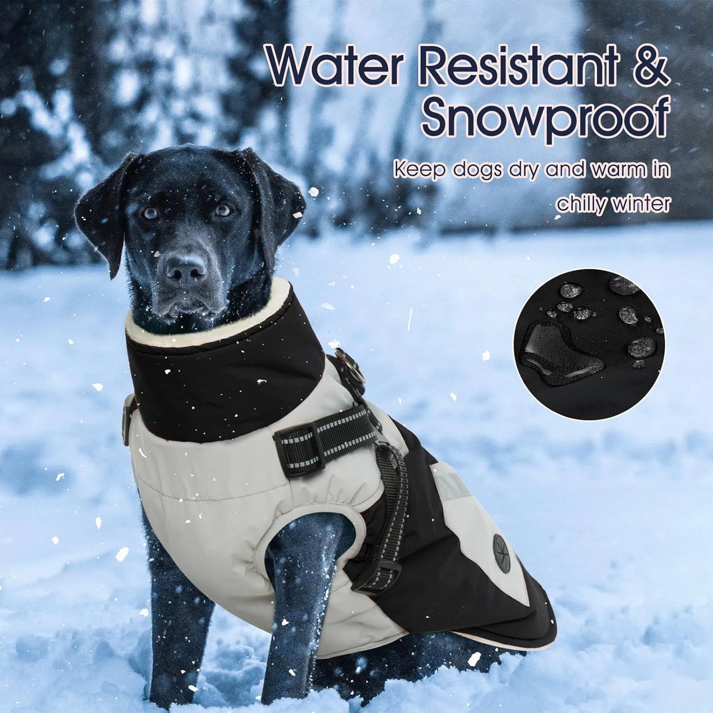 IECOii Large Dog Coat with Harness Built in,Reflective Waterproof Dog Coat for Giant Breeds - Zip Up Fleece Jacket for Dogs,Great Dane Winter Coats Warm Snowsuit for Cold Weather, Black, 4XL