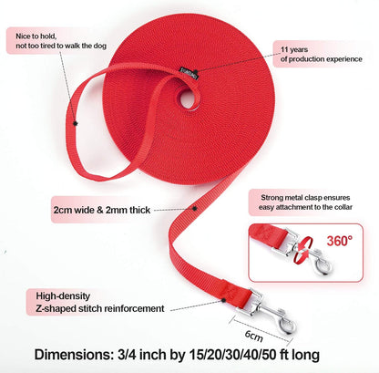 Dog/Puppy Obedience Recall Training Agility Lead -15ft 20ft 30ft 40ft 50ft Training Leash - Great for Play, Camping, or Backyard - Red 50ft