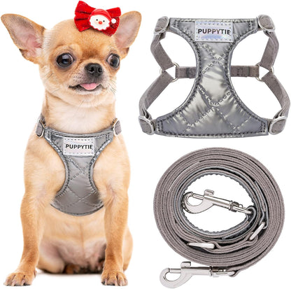 Puppytie No Pull xs Dog Harness with Multifunction Dog Leash,Soft Adjustable No Choke Escape Proof Pet Harness Vest,Glossy Grey,XXS