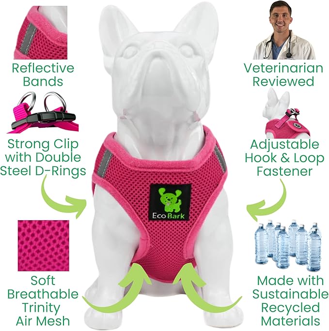 EcoBark Step in Dog Harness - Eco-Bright Teacup Dog Harnesses for XXS, XS, and Small Dogs - Reflective and Adjustable Mini Body Halter Vest -Tiny Soft Mesh Toy Breed Harness (X-Small, Pink)