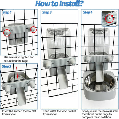 54 oz Rabbit Food Dispenser with Stainless Steel Food Bowl Hanging Gravity Bunny Feeder for Cage Automatic Small Animal Feeding Bowls for Ferret Guinea Pig Chinchilla Cat Puppy
