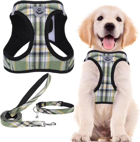 PUPTECK Adjustable Dog Harness Collar and Leash Set Step in No Pull Pet Harness for Small Medium Dogs Puppy and Cats Outdoor Walking Running, Soft Mesh Padded Reflective Vest Harnesses, Grn&YLW, M