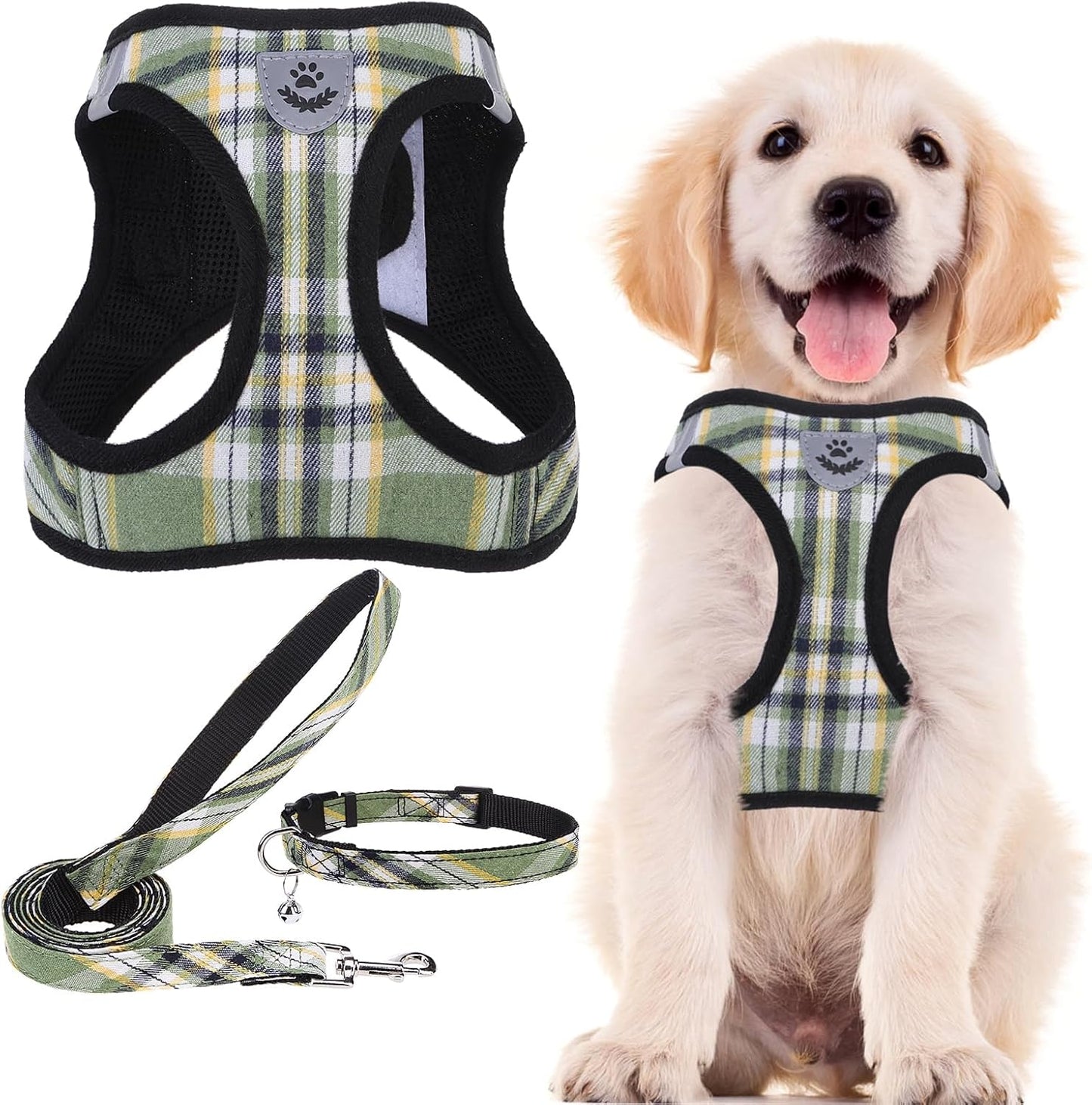 PUPTECK Adjustable Dog Harness Collar and Leash Set Step in No Pull Pet Harness for Small Medium Dogs Puppy and Cats Outdoor Walking Running, Soft Mesh Padded Reflective Vest Harnesses, Grn&YLW, XL