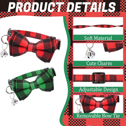 6 Pack Breakaway Cat Collars with Bow Tie and Bell Classic Plaid Kitten Cat Collars Adjustable Cat Bowtie Collar with Pendants for Girl Boy Kitten Cats