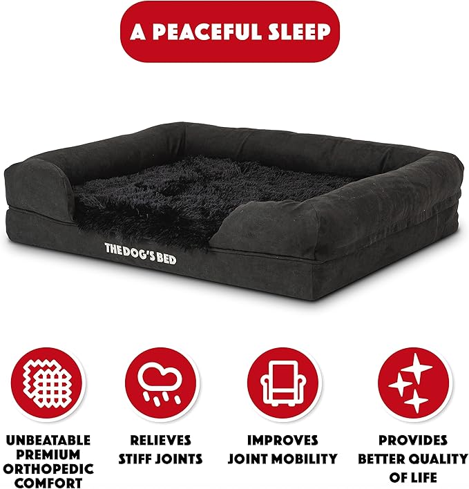 The Dog’s Bed, Medium Black Faux Fur, Memory Foam, Pain Relief: Arthritis, Hip & Elbow Dysplasia, Post Surgery, Lameness, Supportive, Calming, Washable Cover