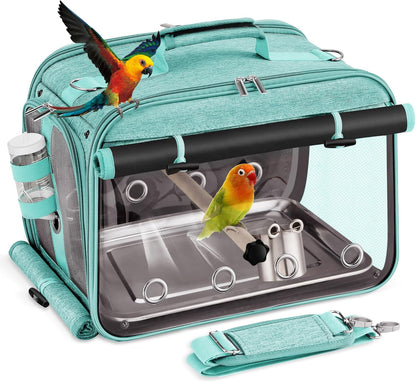 Sanmoncare Airline Approved Bird Carrier, Indestructible Stainless Steel Mesh Parrot Travel Cage, Cockatiels Travel Carrier Lightweight and Portable with Water Bottle and Bowl