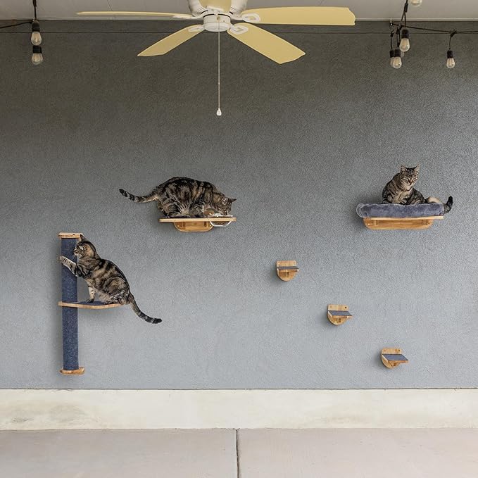 Cat Wall Shelves – Cat Wall Climber with Scratching Post, Removable Bed, Climbing Steps, and Feeding Terrace with Glass Bowls, Waterproof Rubberwood Pet Furniture