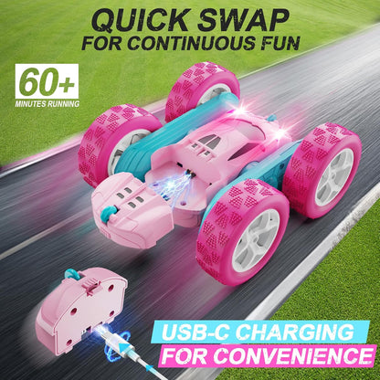 RC Cars, Pink Remote Control Car for Girls, 2.4 GHZ Double Sided RC Stunt Car 360° Rotating Remote Control Crawler with Headlights Car Toys for 6 7 8 9 10 11 12 Girls Birthday Gift