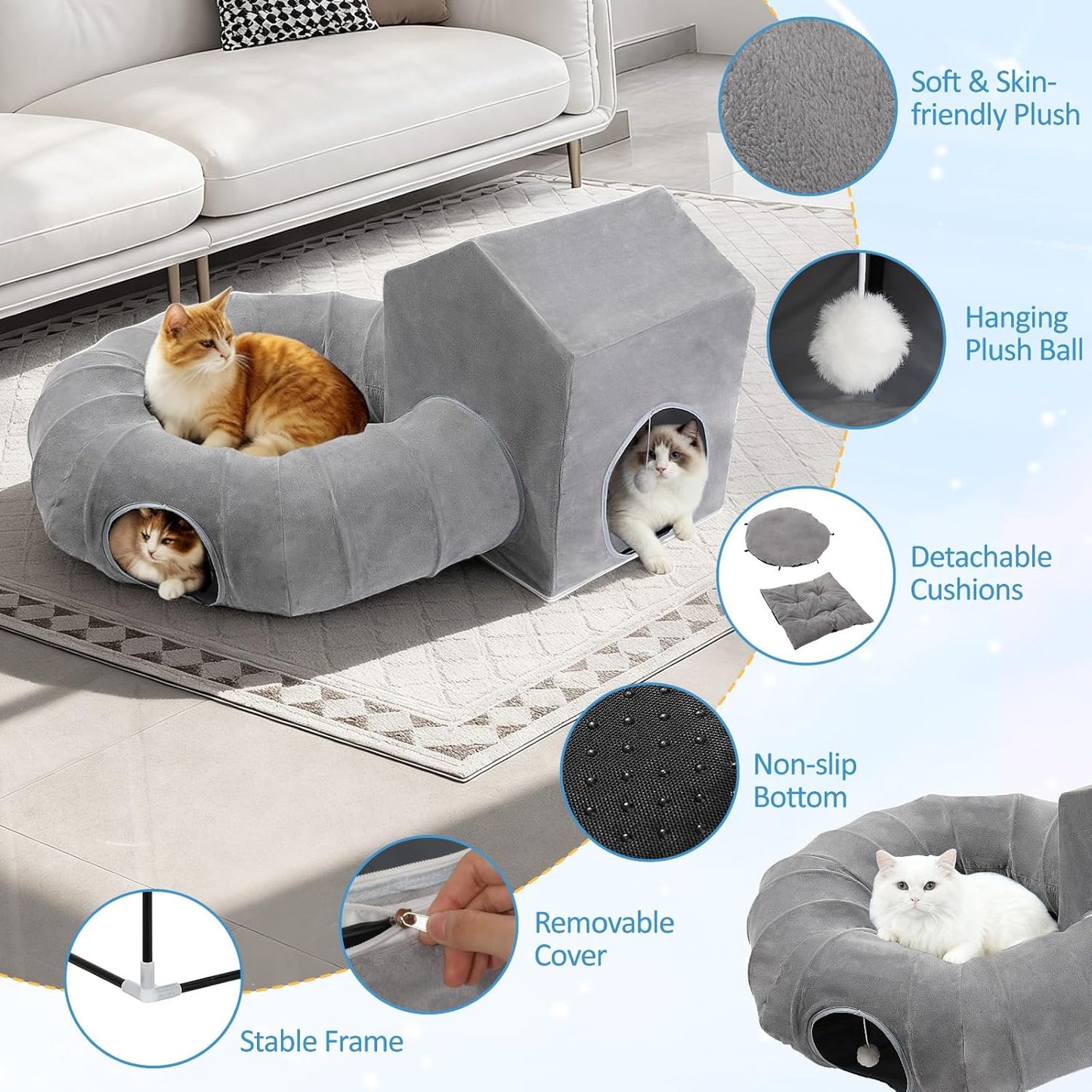 Pawaboo Cat Tunnel Bed, Cat Donut Tube with Square Kitten House, Soft Plush Cats Cave Tunnels with Washable Cushions, Foldable Kitten Bed Hideout with Fluffy Balls for Indoor Cats Rabbit Ferret, Gray
