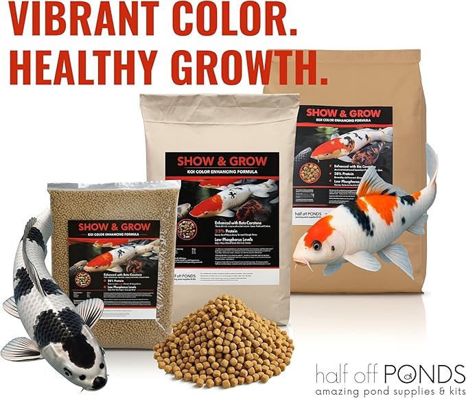HALF OFF PONDS Show & Grow Koi Fish Food - 20 lb Floating Pellets, 3mm Size - Goldfish Food for Ponds - 35% Protein with Beta Carotene & Vitamins - Enhances Color Vibrancy & Body Definition