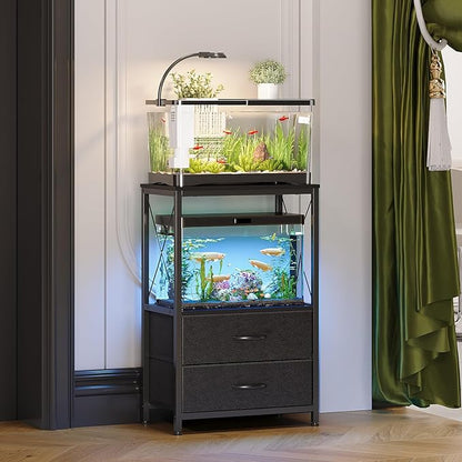 Aquarium Stand 10 Gallon with 2-Tier Shelf, Fish Tanks Stand with 2 Drawers, Metal Frame Heavy Duty Reptile/Turtle Tank Stand for Home Office, Fish Tanks Accessories Storage, Black