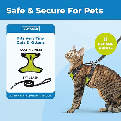 Voyager Escape Proof Cat Harness and Leash Set with Reflective Stitching, Neoprene Handle 5ft - Supports Small, Medium and Large Cats, Kittens for Walking by Best Pet Supplies - Black Trim-Lime, XXXS