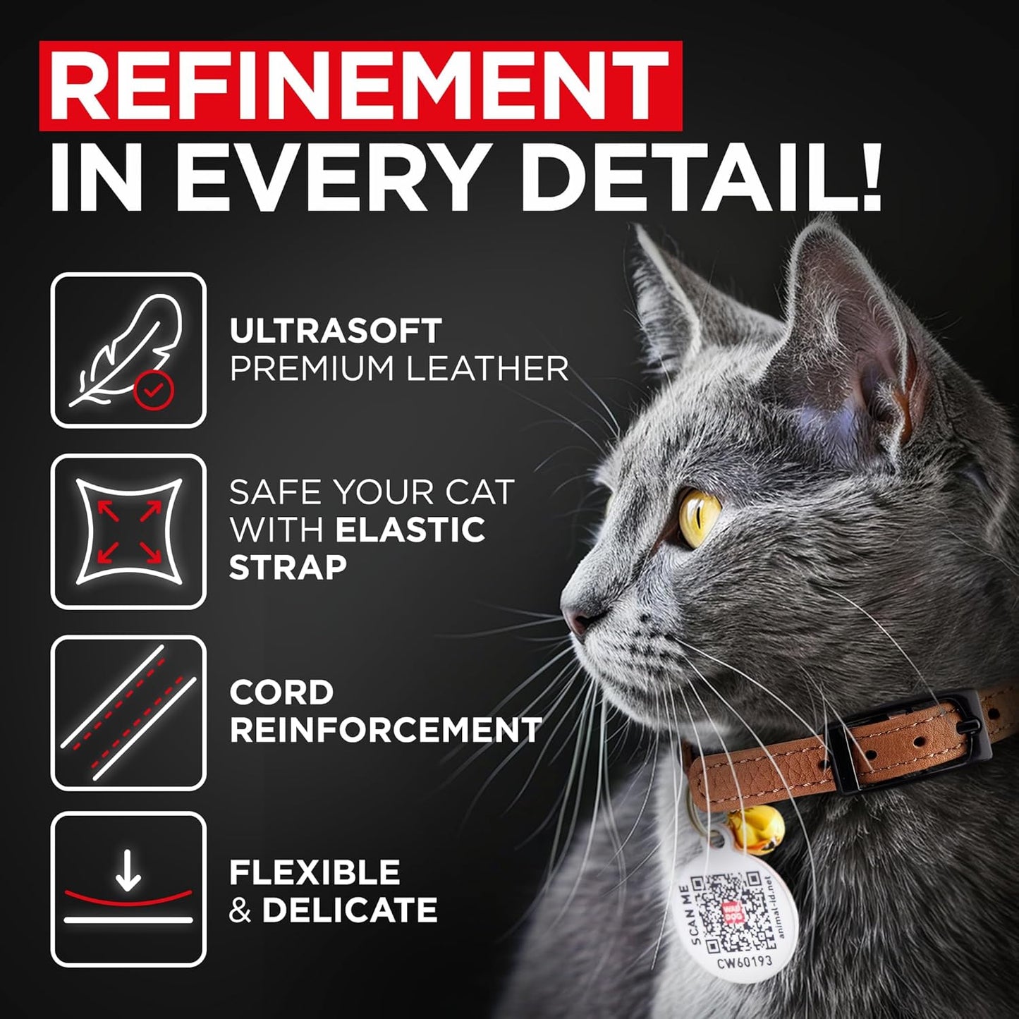 Leather Cat Collar with Bell and Safety Elastic Strap Breakaway Alternative for Small & Large Kittens, Stylish Pet Leather Collar for Boy, Girl Cats with Metal Buckle & QR ID Tag (Brown)