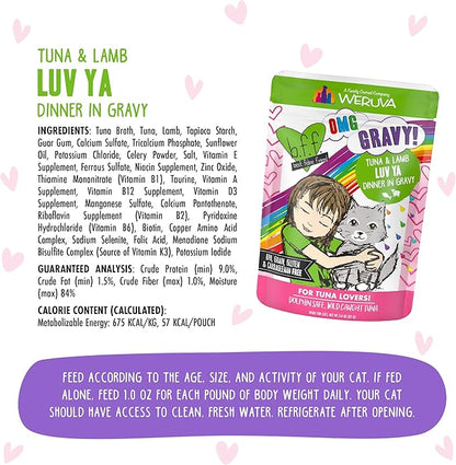 Weruva B.F.F. OMG - Best Feline Friend Oh My Gravy!, Tuna & Lamb Luv Ya with Tuna & Lamb in Gravy Cat Food, 3oz Pouch (Pack of 12)