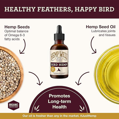 Organic Hemp Well Bird Hemp Oil – 2 Ounces. Parrot, Parakeet, Cockatiel and All Birds for Supporting Health, Feather Plucking, Destructive Behavior Reduction, Immune Support, and Relaxation.