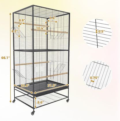 66 Inch Large Bird Cage Metal Parrot Cage with Storage Shelf for Mid-Sized Parrots Cockatiels Conures Parakeets Lovebirds Budgie Finch Black