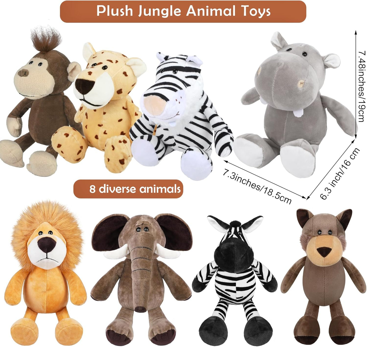 Elcoho 8 Pieces Safari Stuffed Animals Plush Jungle Animal Toys 9.8 Inch Zoo Stuffed Animals Set Cute Plush Toys for Animal Themed Parties Teacher Student Award, 8 Styles