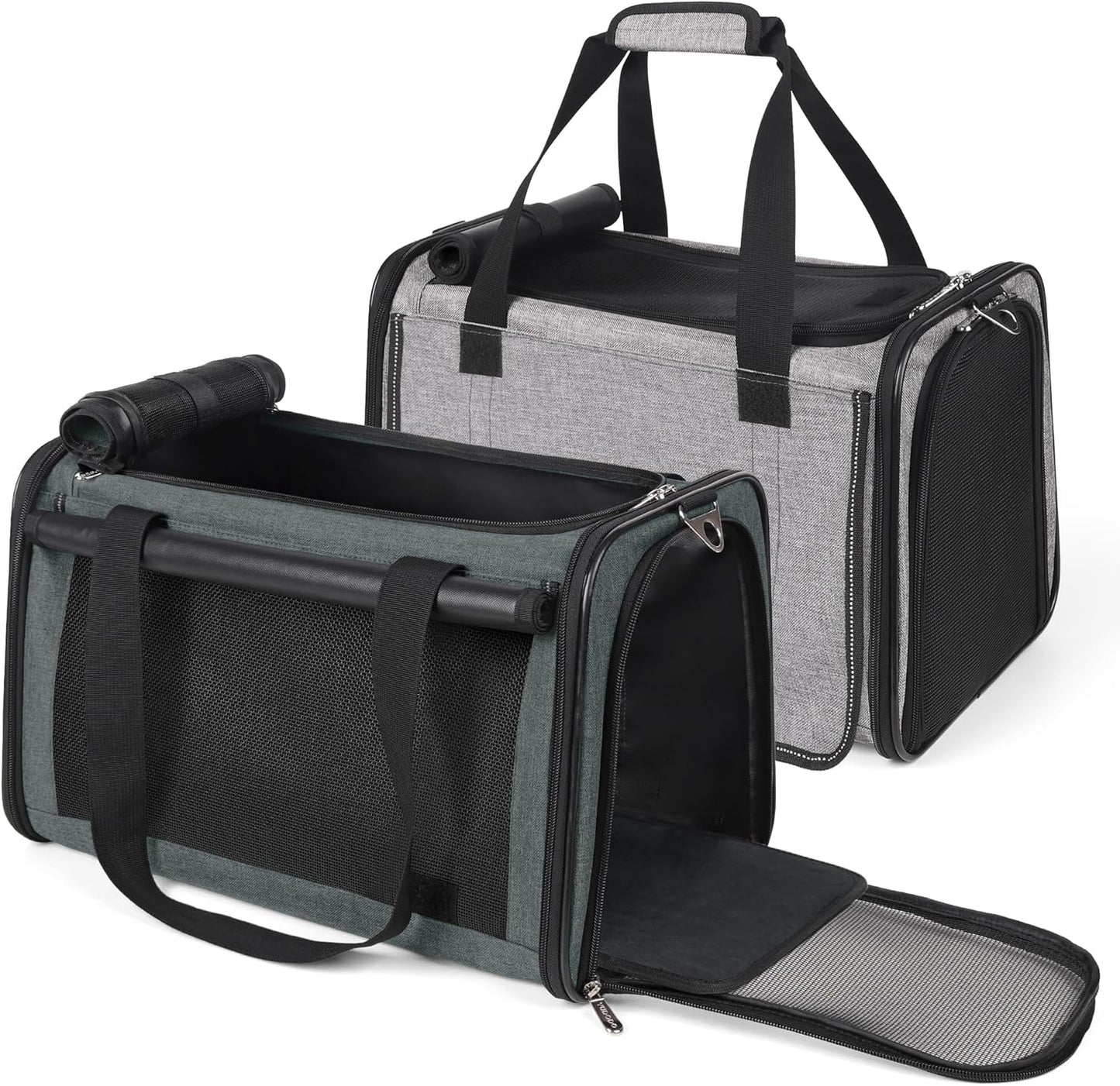 YUDODO 2 Packs 25 lbs Lightproof Soft Sided Pet Carrier for Large Cat & Small Dog Airline Approved Travel Puppy Carriers with Side Pockets & Reflective Mesh, Foldable Portable for Car Grey Green+Grey
