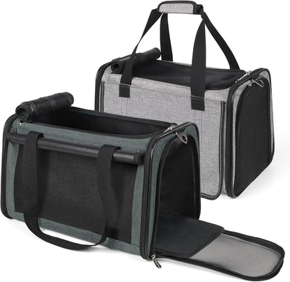 YUDODO 2 Packs 25 lbs Lightproof Soft Sided Pet Carrier for Large Cat & Small Dog Airline Approved Travel Puppy Carriers with Side Pockets & Reflective Mesh, Foldable Portable for Car Grey Green+Grey