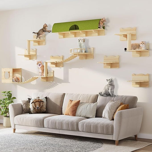 Wooden Cat Wall Shelves, Cat Wall Furniture Solid Wood Feline Shelf, 16 Piece Feline Shelves and Perches with Condos, House, Steps, Bridge Ladder, Scratching Post and Tunnel