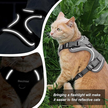 Cat Harness and Leash Set for Walking Escape Proof, Adjustable Soft Kittens Vest with Reflective Strip for Cats, Comfortable Outdoor Vest, Cat Car Leash, Grey, M
